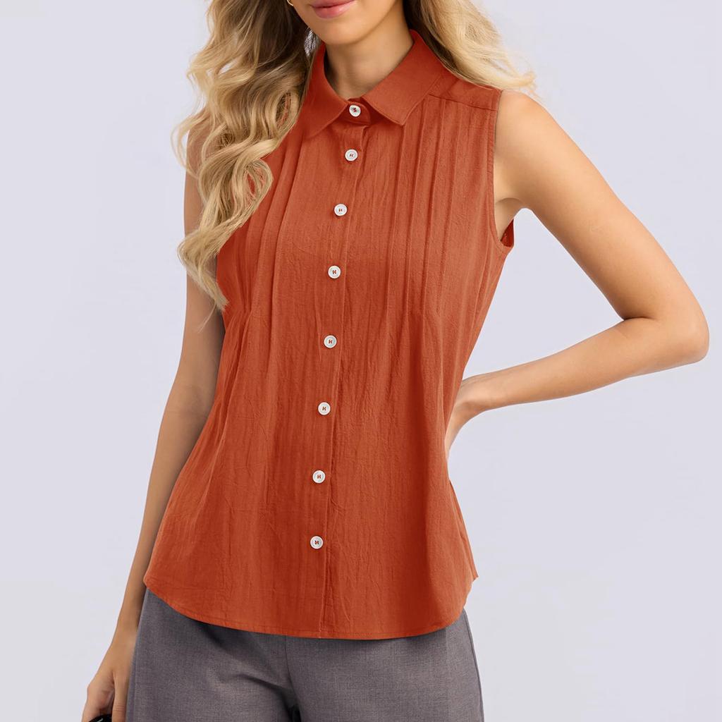 Women Sleeveless Button Down Shirt Summer Casual Collared Blouse Front Pleated Basic Tank Top Lightweight Breathable Fabric