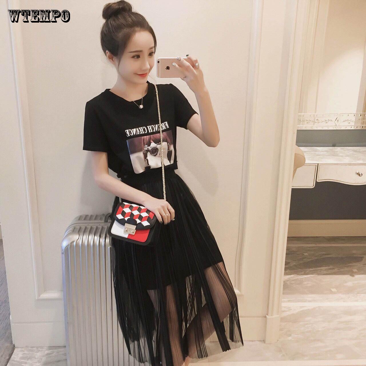 

2шт. Юбочный костюм. Летнее платье. Футболка с короткими рукавами. Женская свободная длинная сетчатая юбка. XXXL