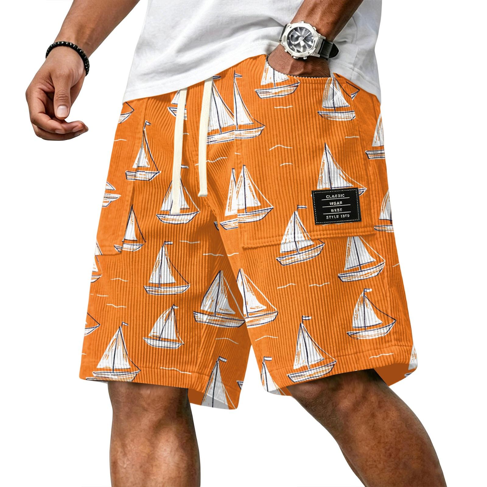 

Men s Casual Corduroy Drawstring Shorts Hawaiian Style Palm Tree Print Relaxed Fit Lightweight Summer Beachwear L синий