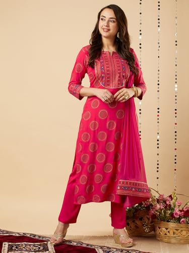 GoSriKi Women's Cotton Blend Printed Straight Kurta with Pant & Dupatta (NOV-Pink-GS_5XL_Pink_XXXXX-Large)