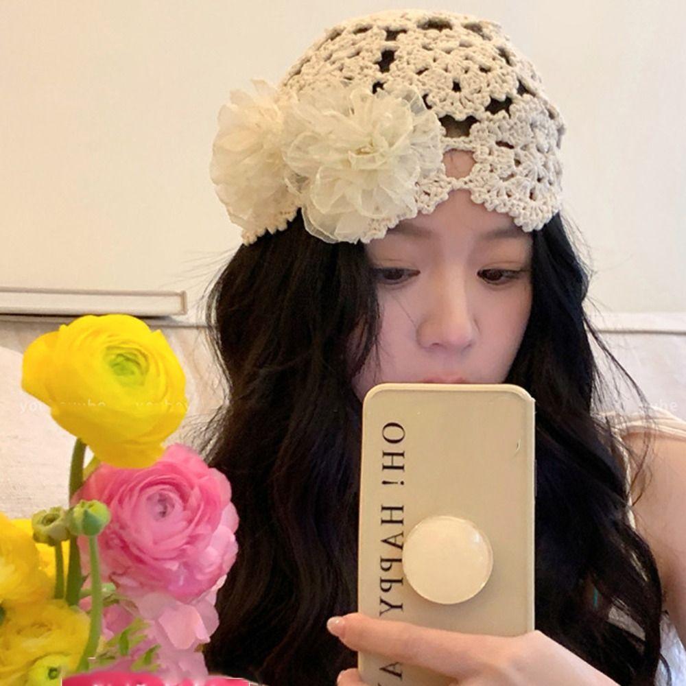 Pearl Hollowed Out Knitted Hat Elegant Bohemian Style Beanies Sweet Crochet Flower Hat  Girls