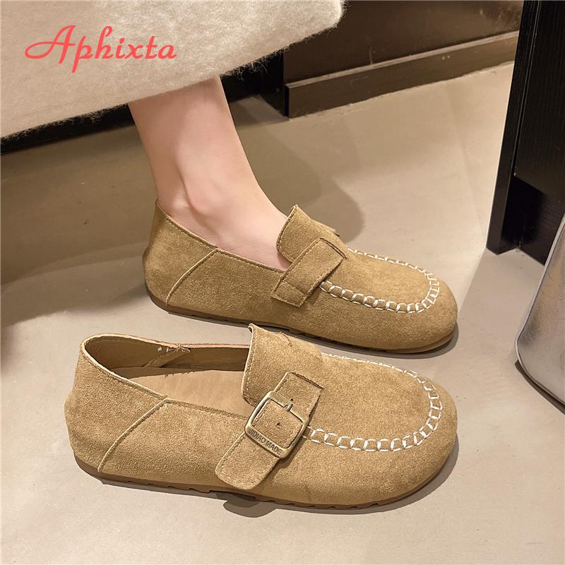 Fashion Aphixta Suede Upper Flat With Woman Loafers Shoes Sewing Design Slip on Ladies Shoes Khaki Round Toe Casual Shoes