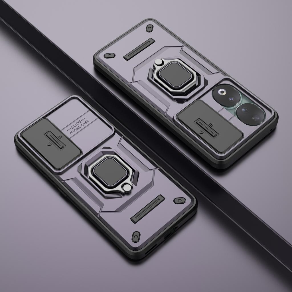 For Honor 90 Case PC+TPU Ring Kickstand Cellphone Cover with Slide Lens Guard