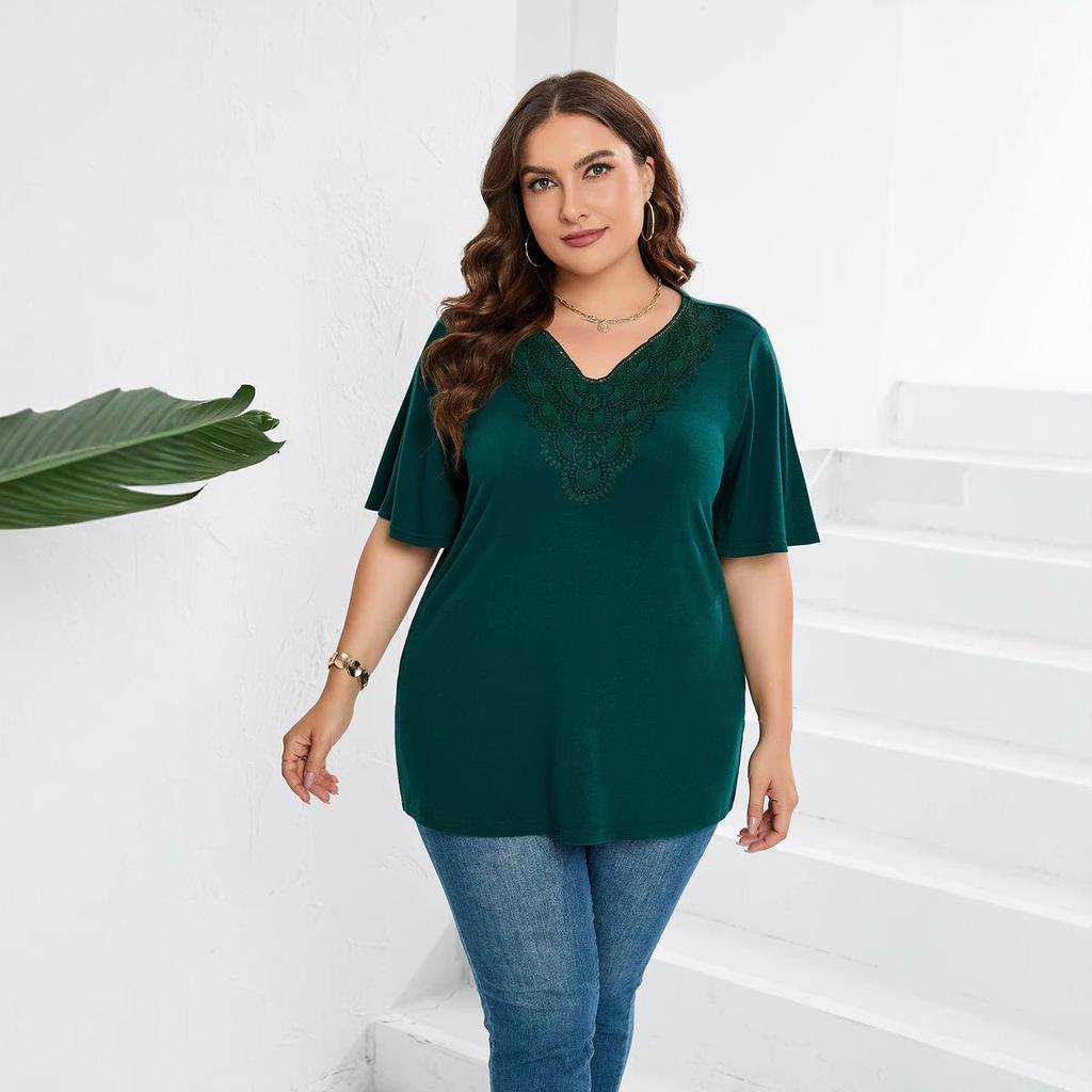 2023 Women's Plus Size Lace Trim Flared Short Sleeve Top