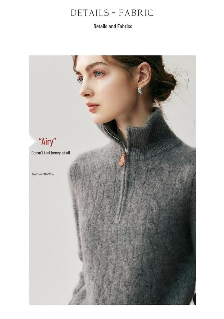 Women's High Neck Cashmere Cable Knit Sweater with Half Zip