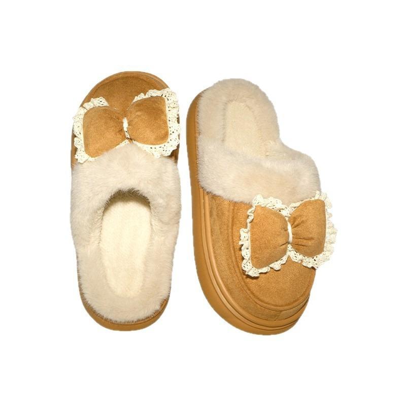 New Bow-tie Fluffy Slippers Autumn and Winter Indoor Thick-soled Heightening Cotton Slippers Home Thermal Cotton Shoes