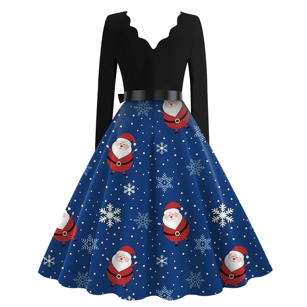 Ladies Casual Fashion Christmas Print V-Collar  Vintage Dress