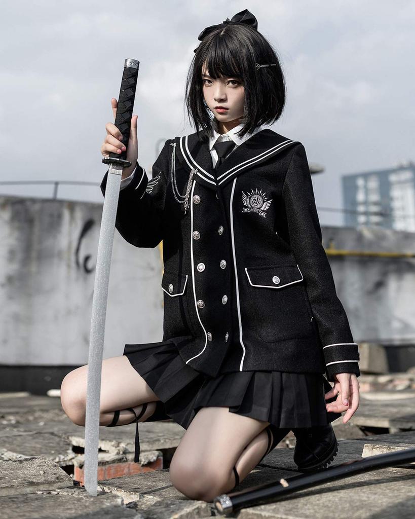 JIURUN Uniform Lolita Gothic Lolita Military Halloween Anime Mori Girl Pleated Skirt and Gothic Plus Cute Skirt Coat Tie Size Costume, Uniform,