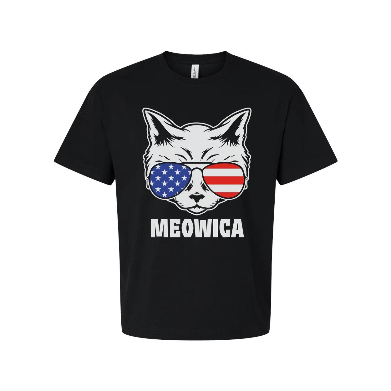 Meowica American Flag Sunglasses Cat Graphic Unisex Short Sleeve Tee With Bold P M
