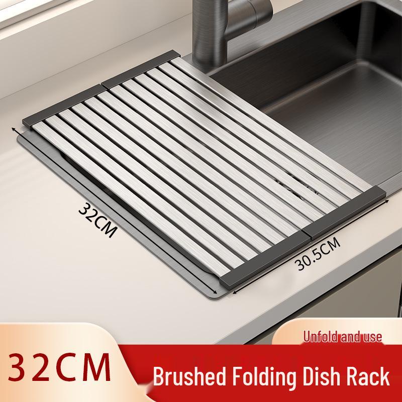 Large Foldable Stainless Steel Dish Rack with Multi-functional Draining Mat for Kitchen Sink