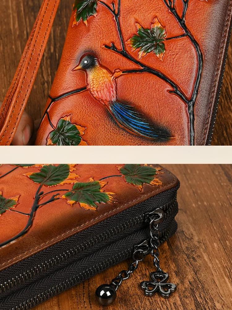 Johnature Vintage Peněženka Držitel na karty Pravá kůže Ražená Dámské Dlouhé Peněženky Pravá Hovězí Kůže Ruční Kabelka