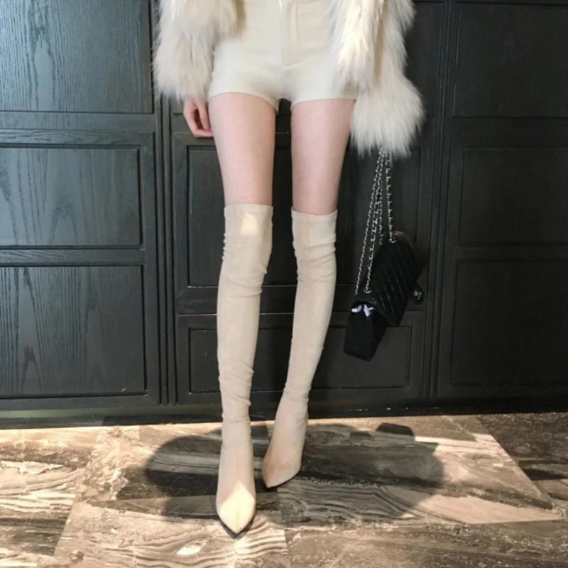 

Over-knee boots women s 2025 autumn new thin boots thick heel suede high elastic boots pointed high heel boots 42 абрикосовый