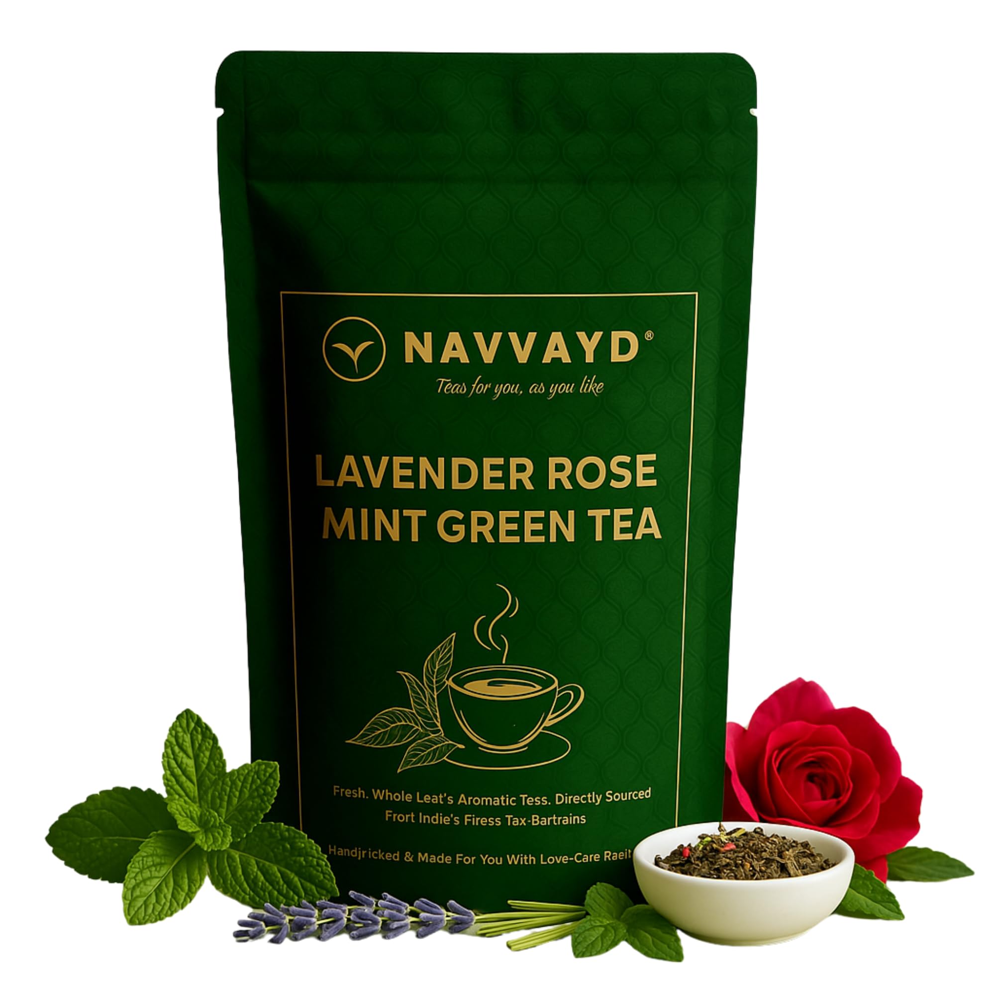 Navvayd Lavender Rose Mint Green Tea (100 Gms 50 Cups), With Authentic Lavender, Rose Petals & Mint, Loose Leaf