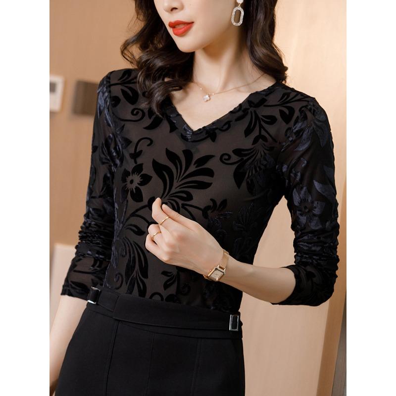 Early Autumn Long-sleeved Base Shirt for Women New Style Small Shirt Lace Velvet T-shirt Mesh Top Mother Suit