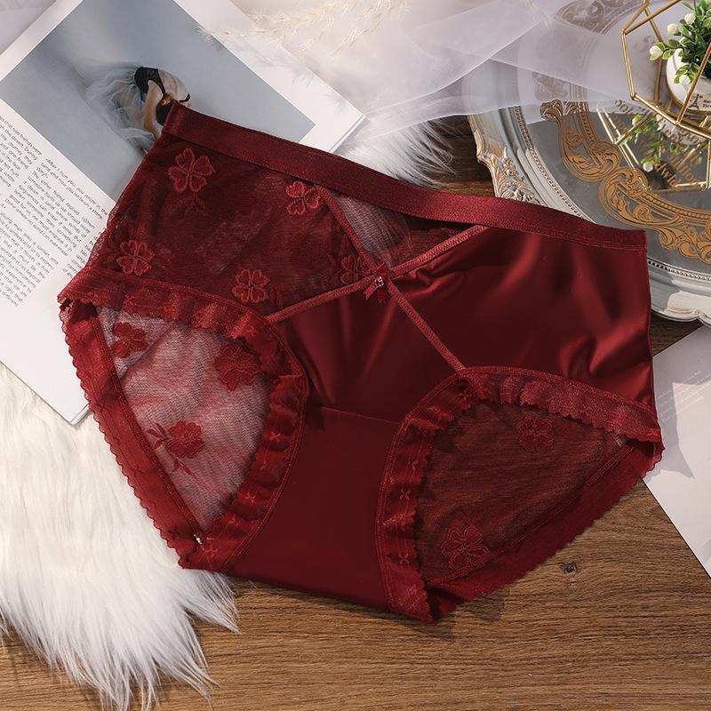 Plus Size Women Spring and Summer Sexy Hollow Lace Cotton 7a Antibacterial Extension Crotch Triangle Briefs