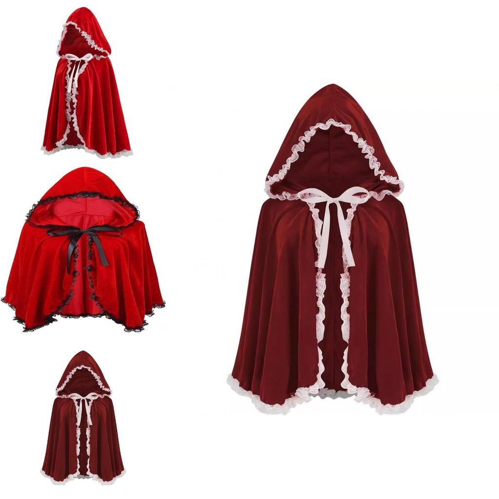 Elegante Mantello con Cappuccio in Velluto Rosso per Donna con Pizzo Arricciato e Bordi a Volant per Tutte le Stagioni
