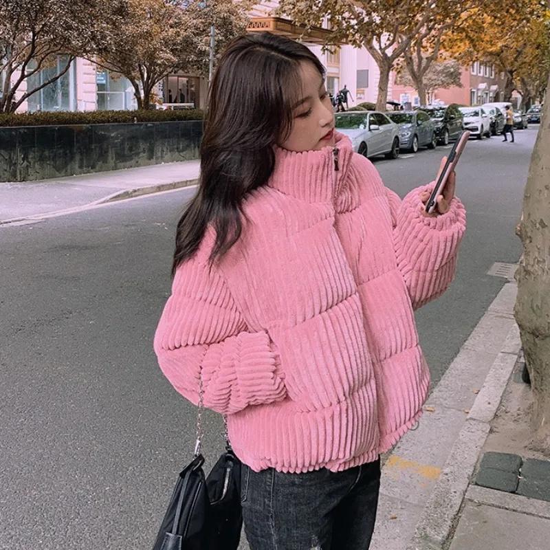 

Korean Corduroy Outerwear Women Down Cotton Coat Parker Autumn Winter Jacket Short Casual Warm Female Student Coat XL розовый