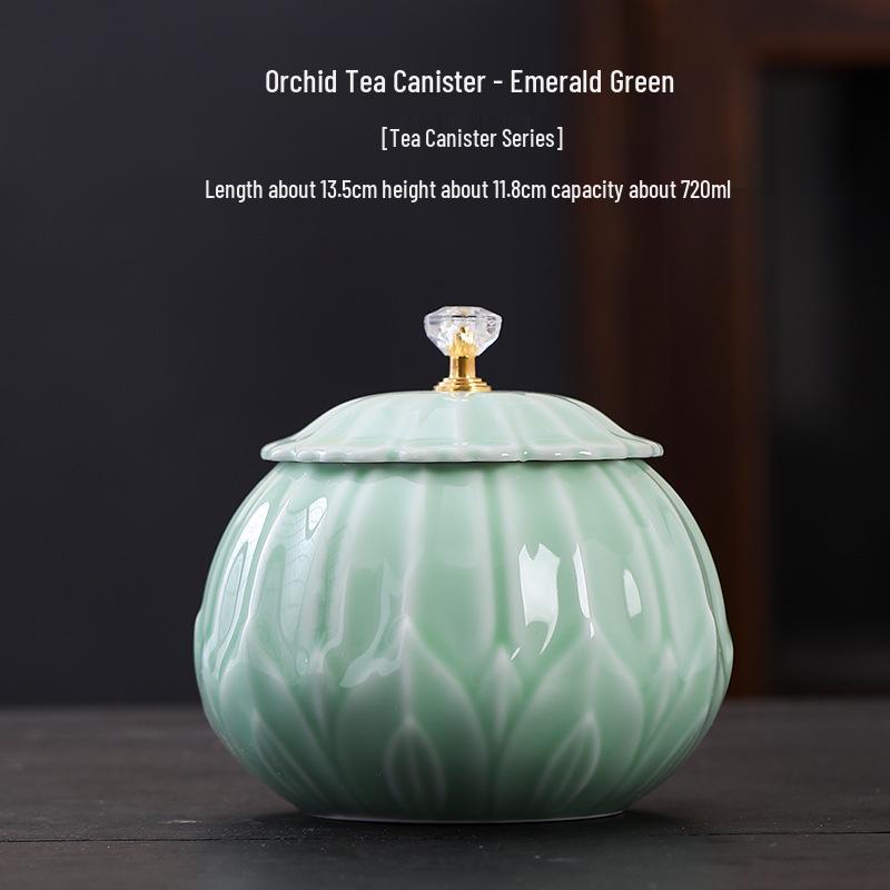 Celadon Ceramic Tea Canister: Large Half-Pound Capacity Storage for Green or Black Tea - Porcelain Sealing Jar with Printed Design.