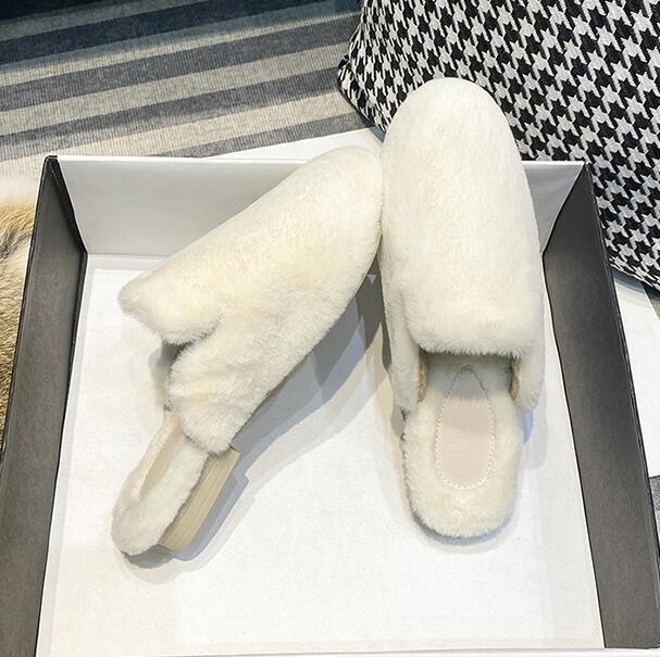 Fashion Smooth Faux Fur Slippers Women Home&Outdoor Shoes Winter White Wool Slides Fluffy Rabbit/Mink Hair Mules Bedroom Pantuflas Mujer