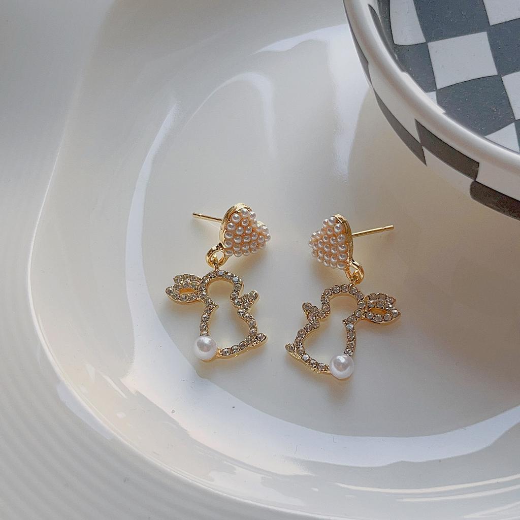 Cute Hollow Rabbit Drop Earrings for Women Crystal Imitation Pearl Heart Dangle Earrings Party Sweet Girls Gift Animal Jewelry