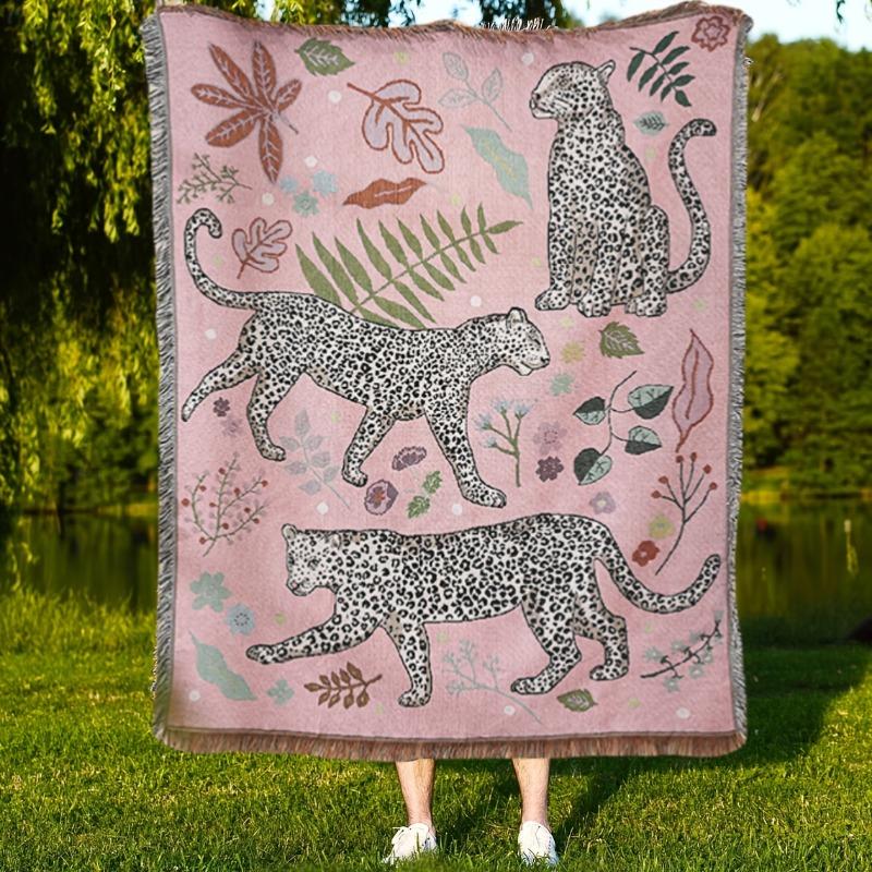 

Хлопок Полиэстер Гобелен Леопардовый принт Бахрома Розовый Цветочный Животный узор Пескостойкое Машинная стирка Одеяло для улицы 160x130cm розовый