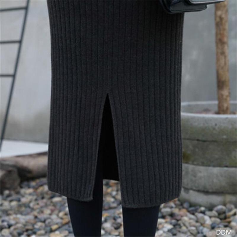 Womens Clothing Autumn and Winter Knitted Skirt Single Color Slit Ribbed Midi Skirt for Women