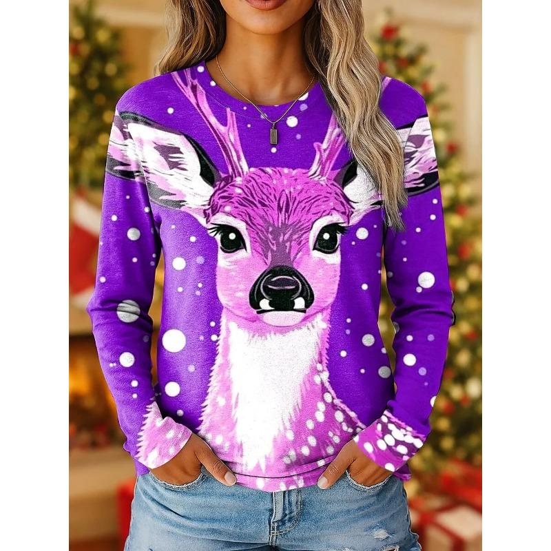 Women's Vintage Reindeer Print Long Sleeve T-shirts Christmas Party Round Neck Holiday Gift Top Fall Winter Festive Style
