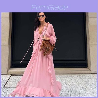 Polyester Solid Color Vneck Sleeveless Long Dress For Elegant Women Spring