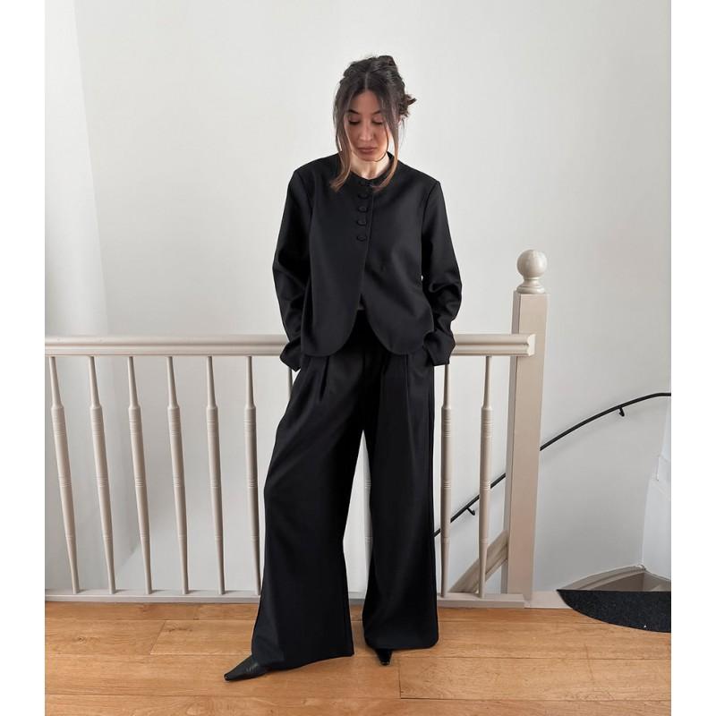 Womens Black Suit Set Long Sleeve Top Pants Elegant Casual 2-Piece Outfit