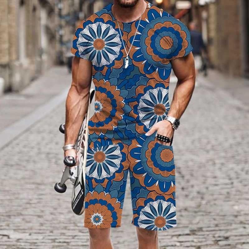 New Men's Tracksuits Vintage Pattern 3D Print Men's Round Neck T-shirt Set Casual Shorts 2 Piece Summer Street Man Clothing