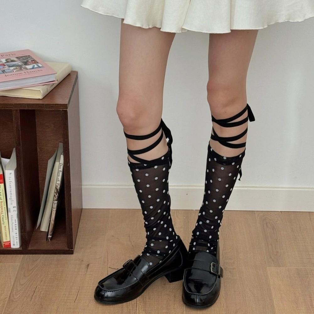 Mesh Polka Dot Stockings Thin Strap Middle Tube Socks Fashion Knee Socks Lolita Girl чёрный