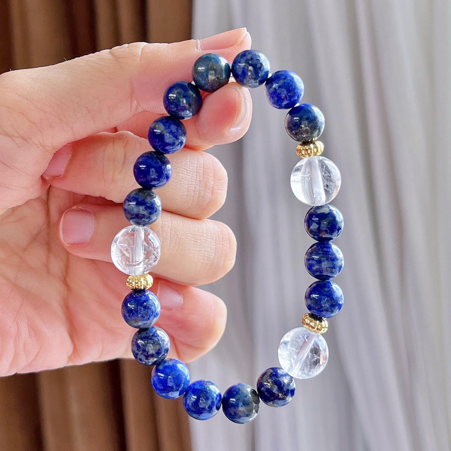 8Mm Retro Natural Lapis Lazuli White Crystal Design Bracelet