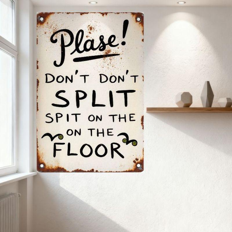 Vintage Rusty Metal Sign Handwritten 'Please! Don't SPLIT SPIT ON THE FLOOR' with Decorative Symbols for Home Bar Cafe Man Cave