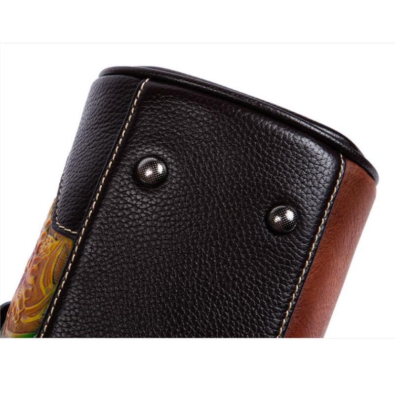 Johnature Ručně vyráběná embosovaná dámská taška z pravé kůže Univerzální kabelka Přírodní hovězí kůže přes rameno