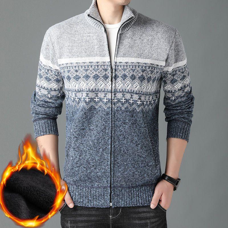 Thick Winter Men's Sweater with Added Fleece Zipper Cardigan Oversized Stand Up Collar Knitted Warm Jacket