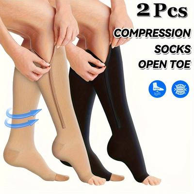 1 Pair of Knee-High Compression Socks, Open-Toe Fabric for Walking, Running, Pregnancy & Cycling