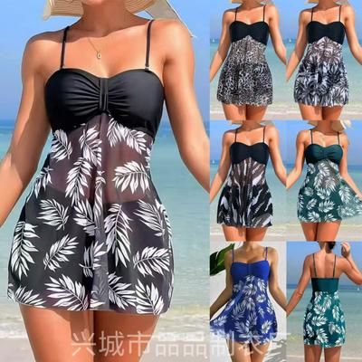 Summer Short Dress Split Swimsuit Women's Sexy Fashion High Waist Swimsuit Thickened Mesh Print Swimming Beach Wear