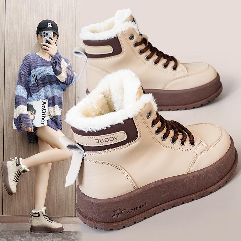 

Зимние корейские зимние ботинки 2024 года с бархатом, женские, цветные, средней посадки, визуально увеличивающие рост, повседневные и теплые 35