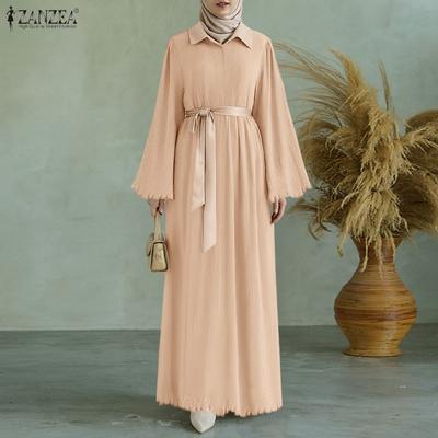 Damen Umlegekragen Locker Lässig Langarm Plissiert Langes Kleid