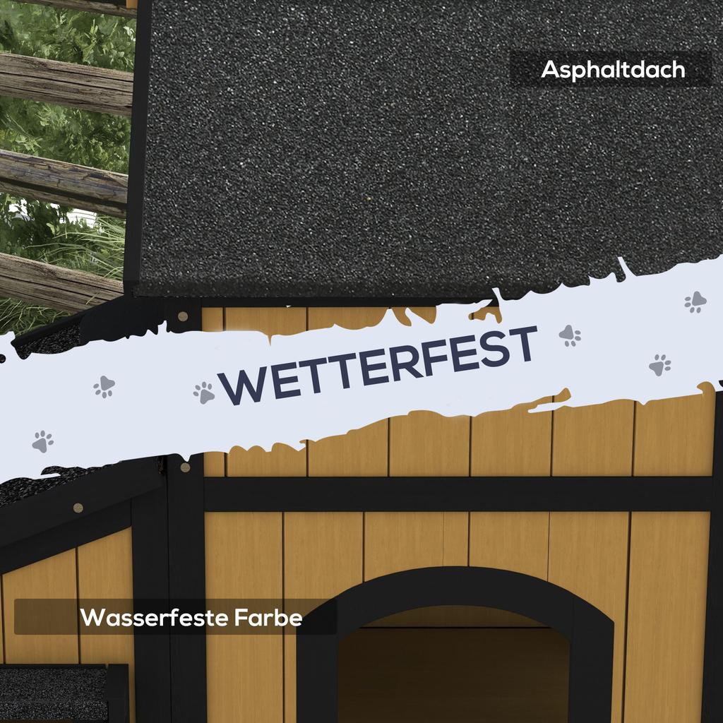 Holz-Katzenhaus mit Blumentopf, Fenstern, mehreren Eingängen, wasserdichtem Dach für den Außenbereich - Gelb