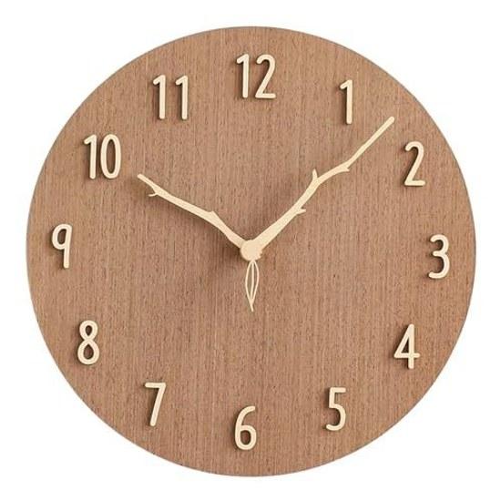 Wall clock wood stylish Nordic silent round frameless cute 12 inches (diameter 30cm) natural solid panel 3D three-dimensional numbers creative wooden