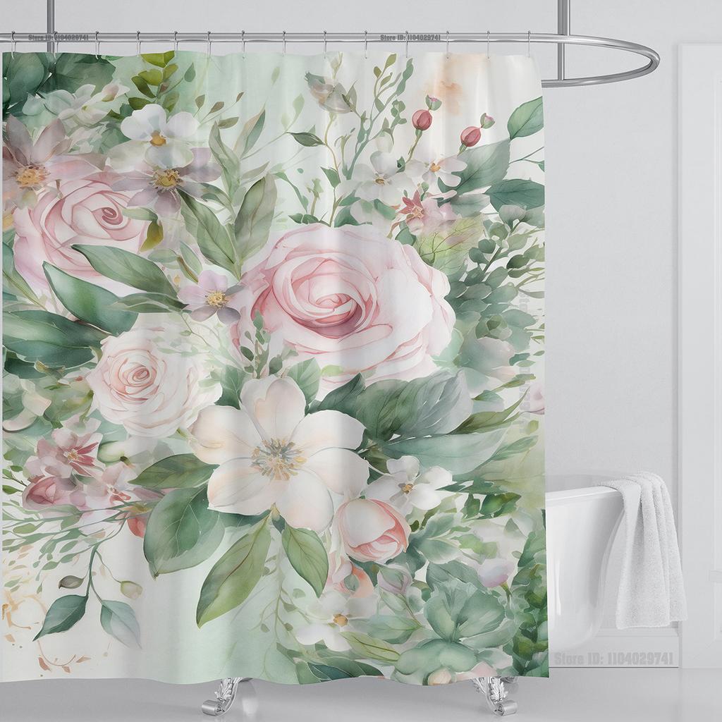 Watercolor Leaves on The Top Plant with Floral Bathroom Greenery Leaf Decoration Watercolor Botanical Shower Curtain with Hooks
