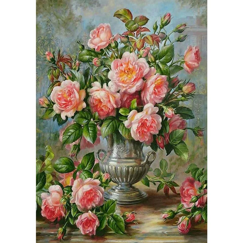 5D DIY Diamond Painting Flower Vase Rhinestone Rose Full Round Diamond Embroidery Cross Stitch Kit Mosaic Art Picture Gift