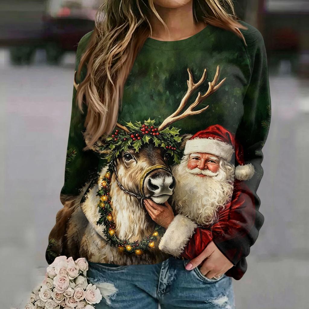 Women's Casual Christmas Print Neck Raglan Long Sleeve Pullover Sweatshirt