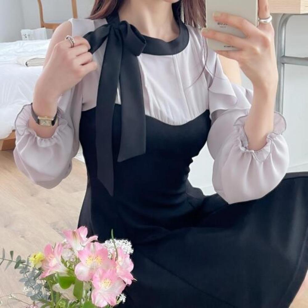 New Arrivals Open Run Cutout Long Sleeve Two Tone Princess Line Ribbon Tie Mini