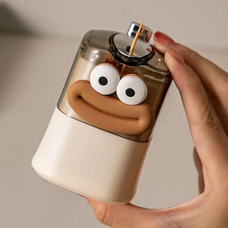 Automatischer Pop-Up Zahnstocherspender mit Cartoon-Gesicht Niedliches Design Durchscheinend Beige Drucktyp Aufbewahrungsbox für Küche Badezimmer