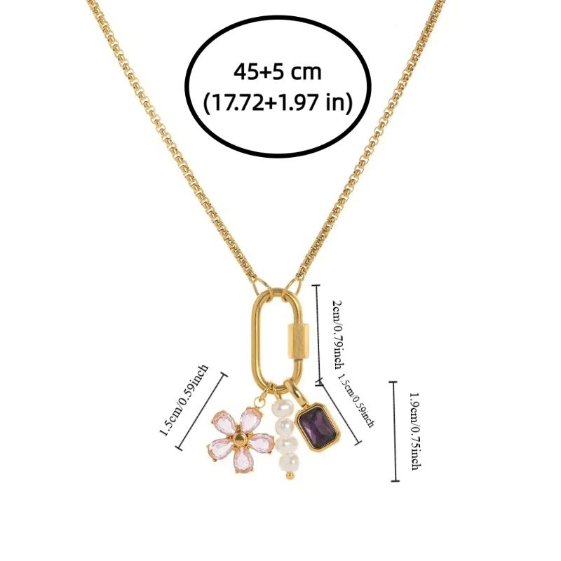 Stainless Steel Heart Beaded Necklace Crystal Flower Pendant Necklace  Vacation