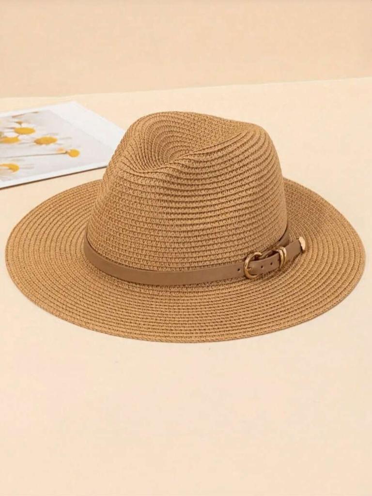 Women Wide Brim Straw Sun Hat With Belt Buckle Beach Summer Hat