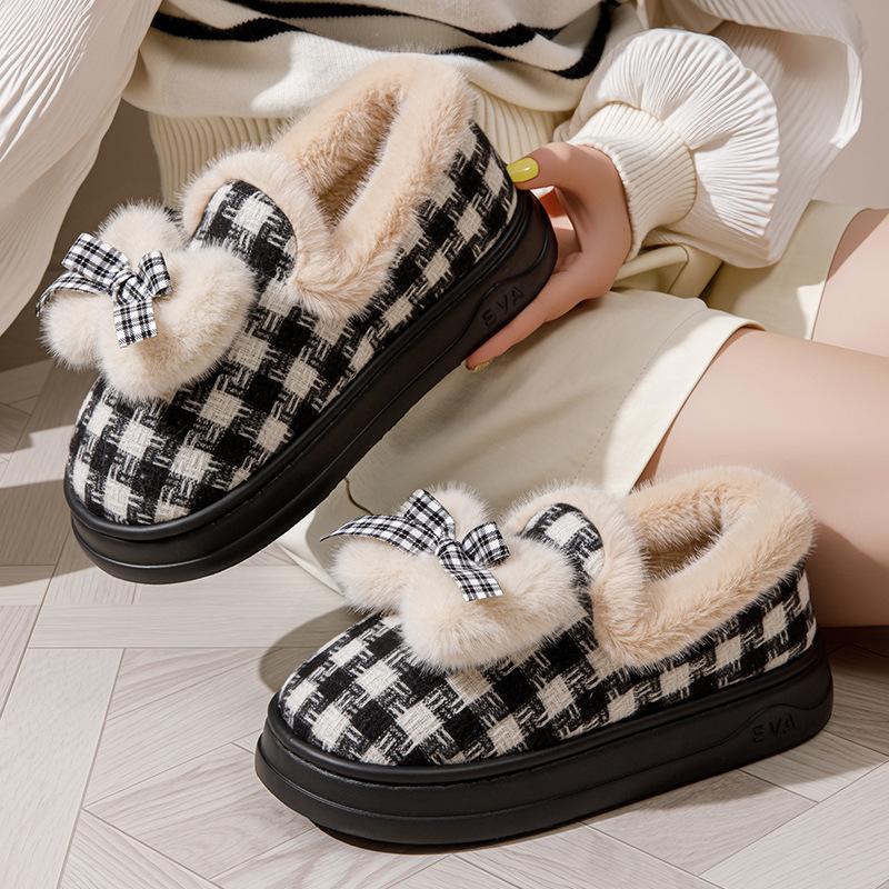 Cotton slippers new autumn and winter cotton shoes velvet warm soft-soled confinement shoes Japanese bow cotton shoes