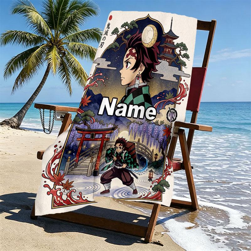 Custom Name Personalized Demon Slayer Anime Print Beach Towel, for Trip Camping Beach Party Home Decor, Birthday Gift for Family & Friends